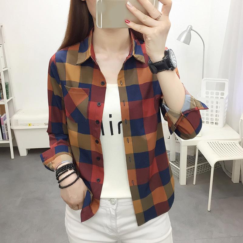 Women Shirt Long Sleeve All Match Single-breasted Casual Soft Dressing Up Polyester Plaid Print Women Shirt Top Female Clothing