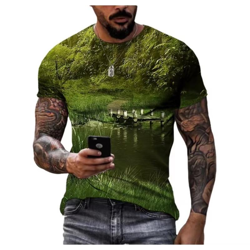 Graphic T Shirts Men Fashion Natural Scenery Pattern T Shirt Handsome Casual 3D Print T-shirt Summer Mountains Rivers Tops