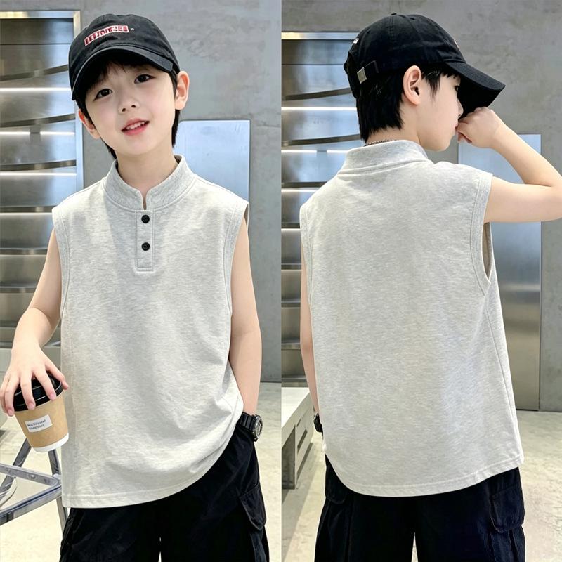 Korean Style Stand-Up Collar Polo Vest T-Shirt for Boys, Sizes 6-12, Summer Cool New Arrivals