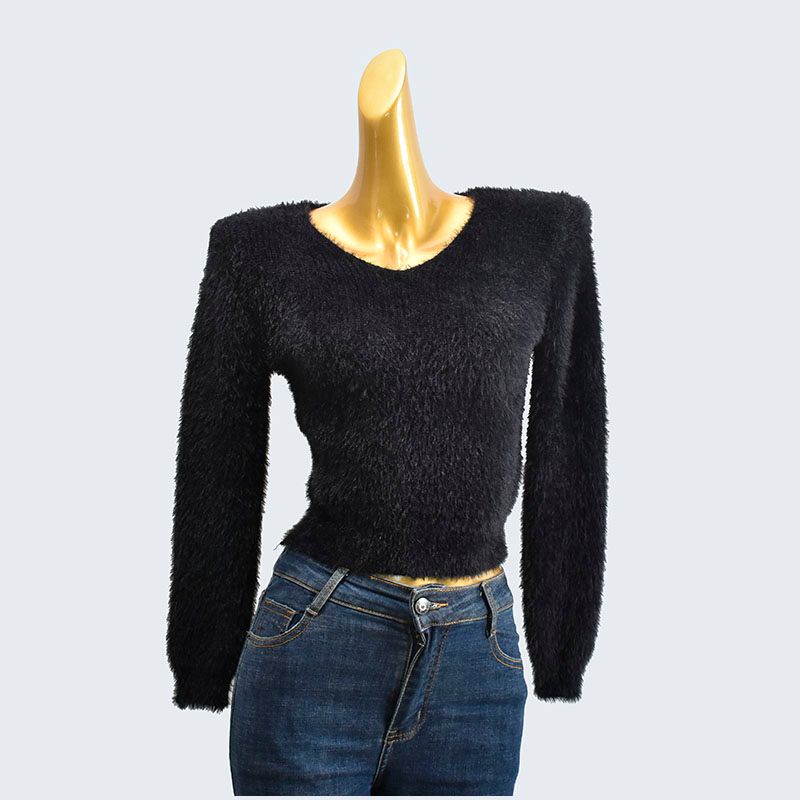 Autumn and Winter V-neck Short Long Sleeve Solid Knitted Faux Mink Velvet Pullover Top Women Clothes High Waist Bottoming Shirt