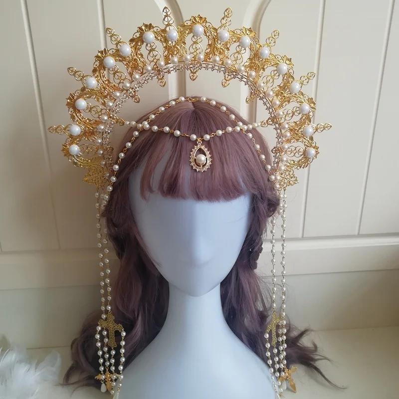 Halo Headpiece Goddess Mary Angels Gold Crown Beading Headband Lolita Hair Hoop Gorgeous Christmas Halloween Wedding Headdress