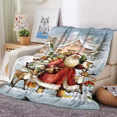 1pc Santa Claus, Snowy Village Blanket Lightweight Flannel Throw for Sofa Bed Travel Camping Livingroom Office Couch Chair