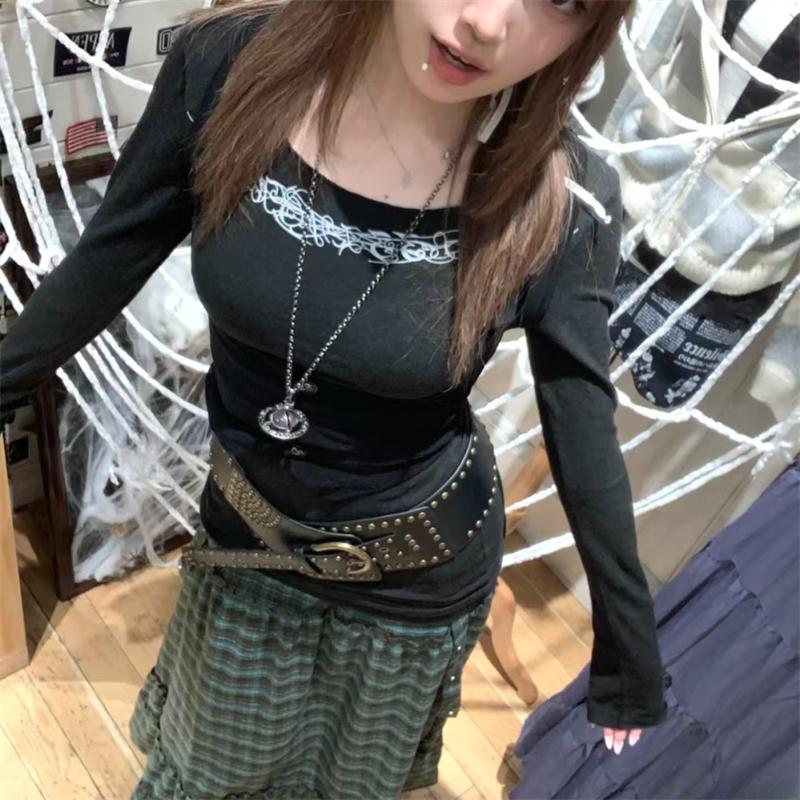 VAYLA Y2k Gothic Print T-shirt Trashy 2000s Style Long Sleeve Tops Vintage Harajuku Streetwear American Retro T-shirts
