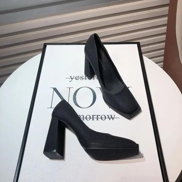

2025 Весна Дизайнерские Женские Туфли-Лодочки Модные Неглубокие Туфли Без Застежек Женские Комфортные Туфли На Высоком Каблуке Офисные Дамы 39 чёрный
