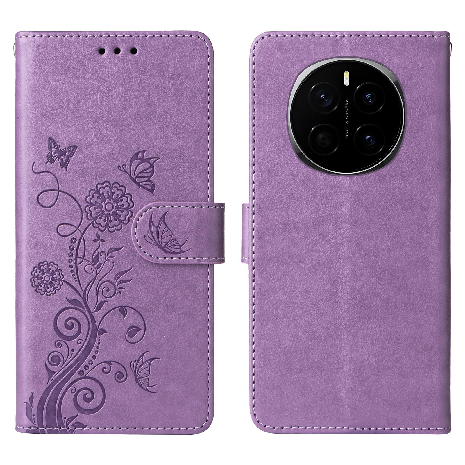 

For Honor Magic7 5G Leather Case Butterfly Floral Imprint Wallet Stand Cover Purple