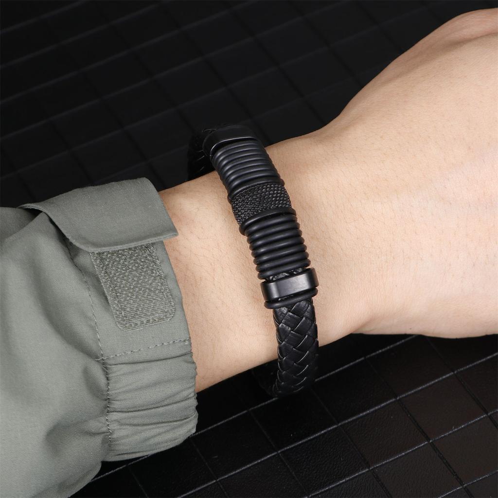 Double Layer Retro PU Leather Braided Bracelet for Men Punk Magnetic Clasp Cuff
