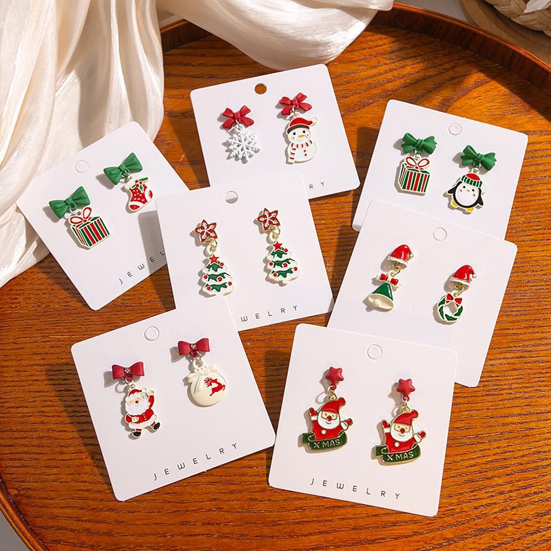 Silver Needle Christmas Stud Earrings: Festive Tree & Snowman Holiday Collection