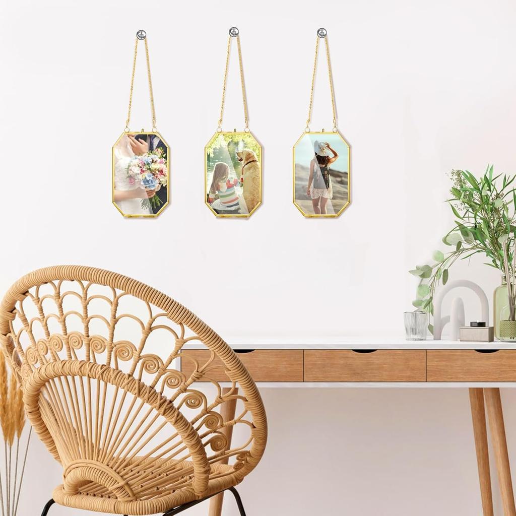 3 Glasrahmen mit gepressten Blumen, Kleiner Messing-Schwebrahmen mit Kette, Klarer DIY Handgemachter Heimwanddekor zur Präsentation von Kunstwerken, getrockneten Pflanzenproben