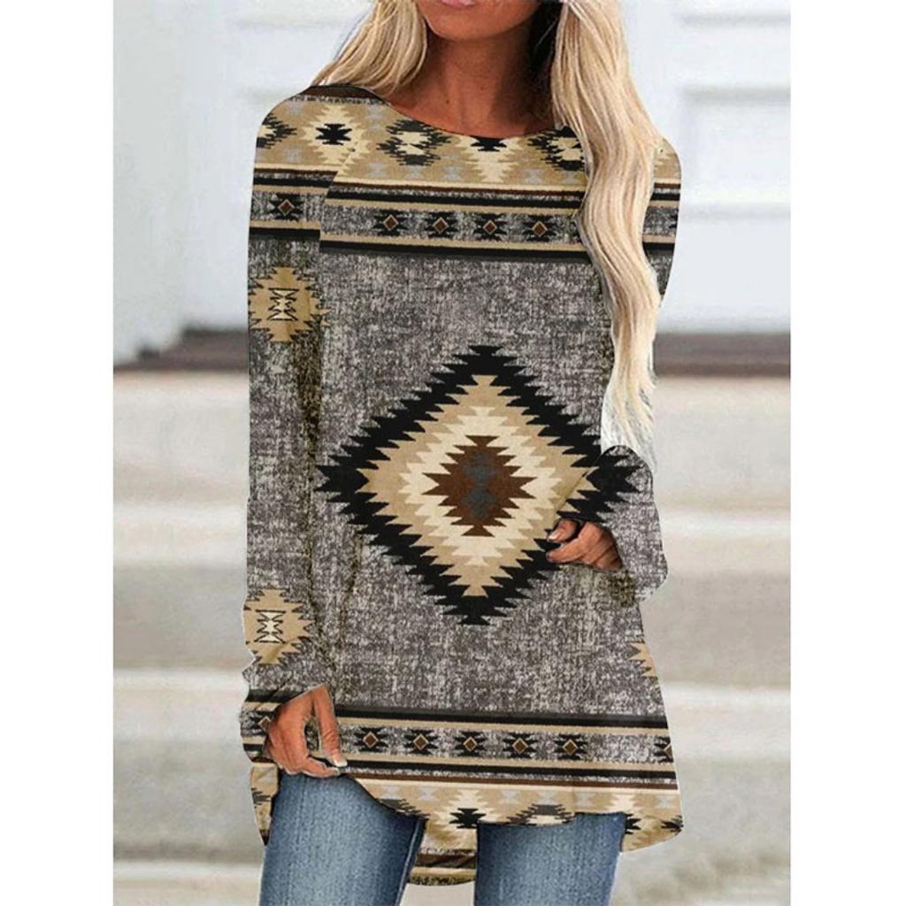 Western Aztec Ethnic 3D Print Langermede T-skjorter Bohemian Women Vintage Fashion T-skjorte Oversized Streetwear T-skjorter for kvinner Topper