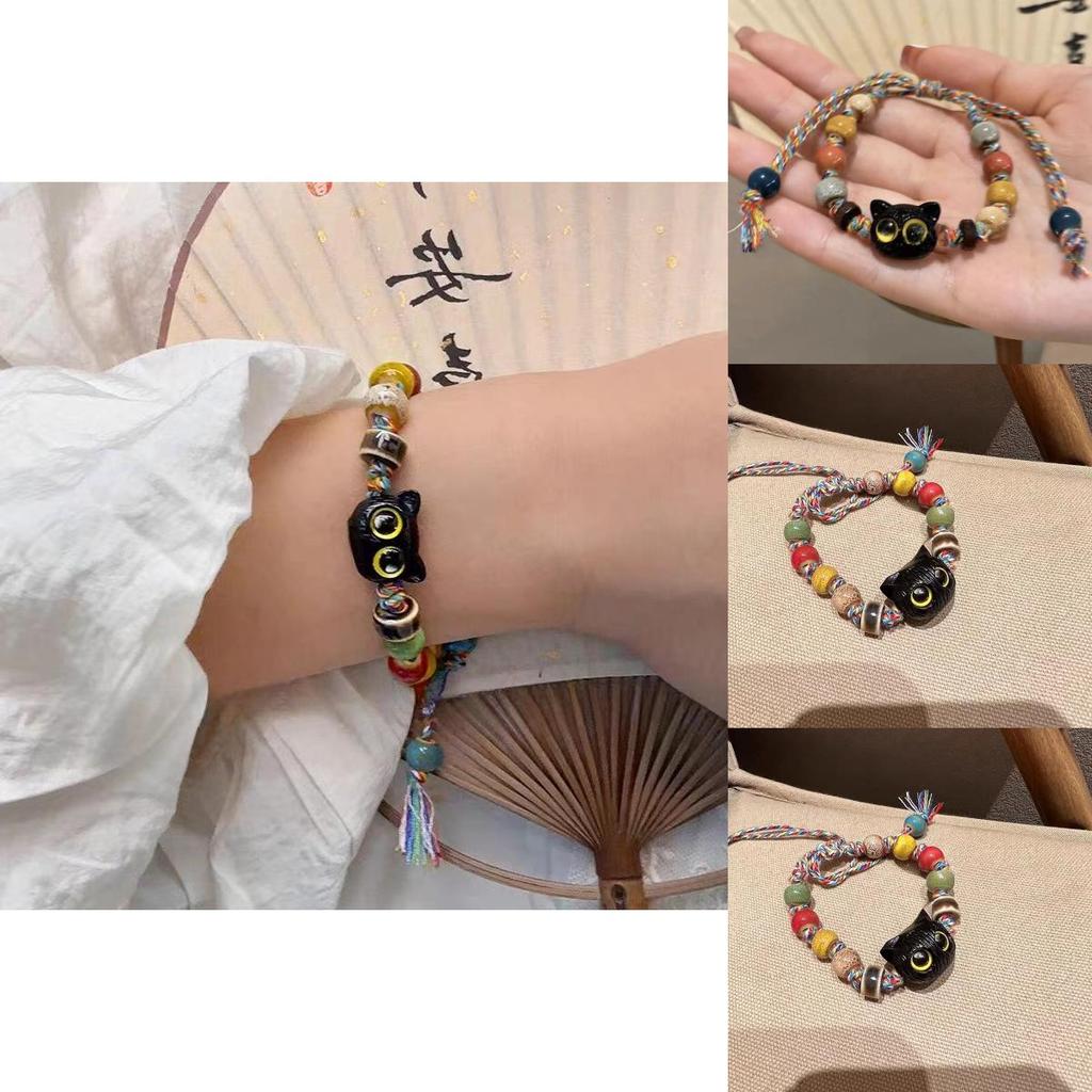 Colorful Cord Black Cat Bracelet Ceramic Beads New Fall Fashion Unisex Animal Jewelry