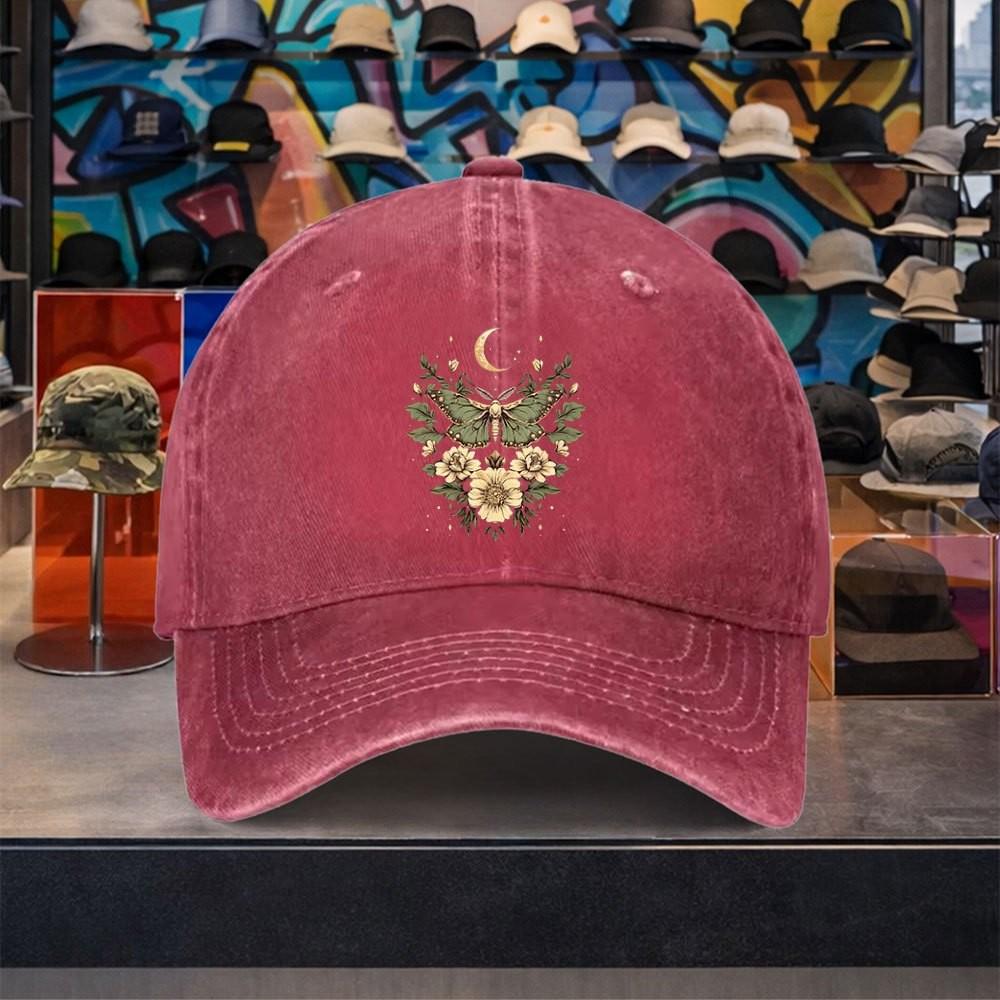 Moth Butterfly Moon Floral Baseball Cap Distressed Washed Cotton Adjustable Sun Hat Unisex Outdoor Travel