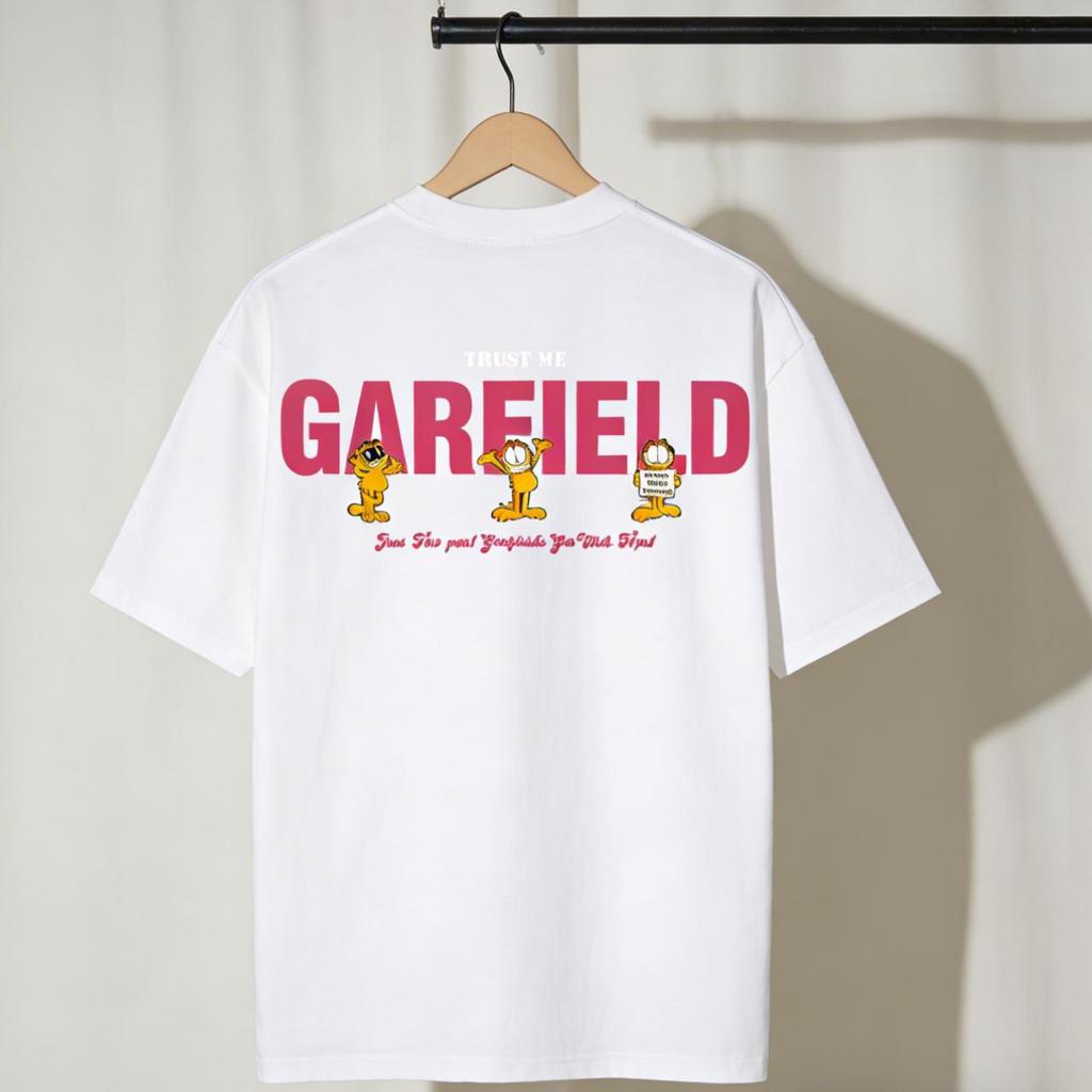 Garfield "TRUST ME" Front and Back Print Short Sleeve T-Shirt, American Streetwear Brand Heavyweight Cotton Loose Fit Oversized Couple Top