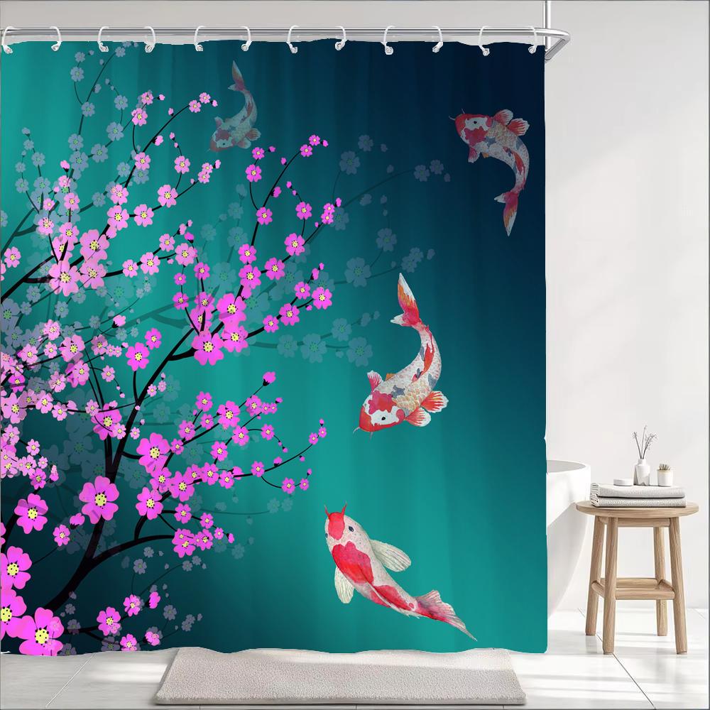 Japanese Wave Mount Fuji Plum Blossom Flower Printied Shower Curtain Waterproof Polyester Fabric Bathroom Curtains with 12 hooks