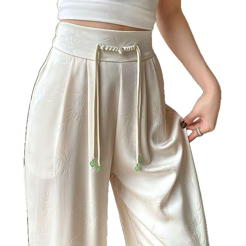 Women's High-Waisted Drapey Silk Wide-Leg Pants - New Chinese Style, Lightweight and Trendy for Summer