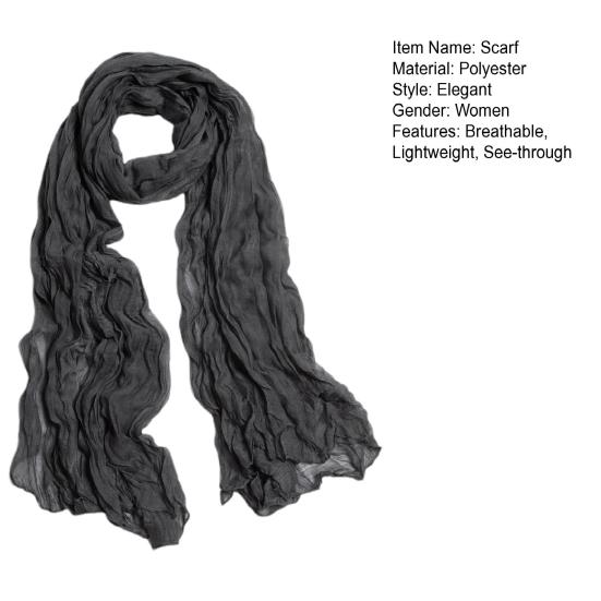Women Scarf Solid Color Long Wide Crumple Thin Decorative Soft Perspective Wrinkled Scarf Clothes Accessory