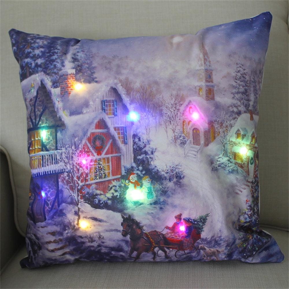 LED Light Christmas Cushion Cover Short Plush Elk Throw Pillow Case for Sofa Luminous Santa Clause Printed Pillowcase Home Decor