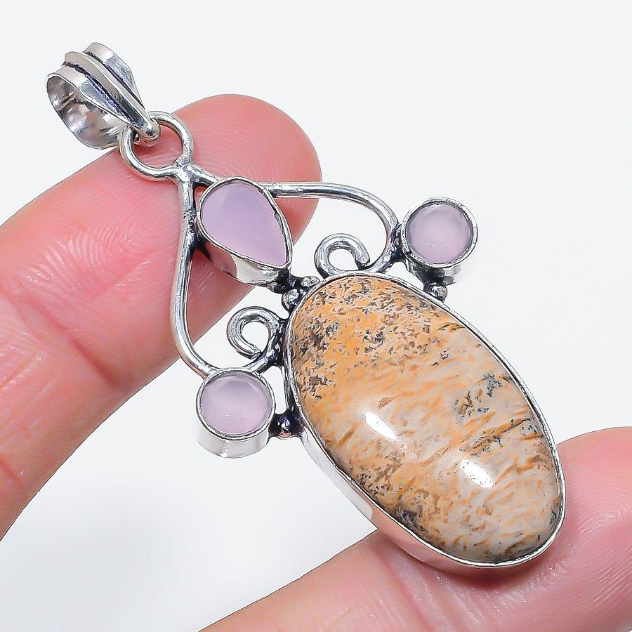 Natural Picture Jasper, Chalcedony 925 Sterling Silver Pendant 2.32" V7A31
