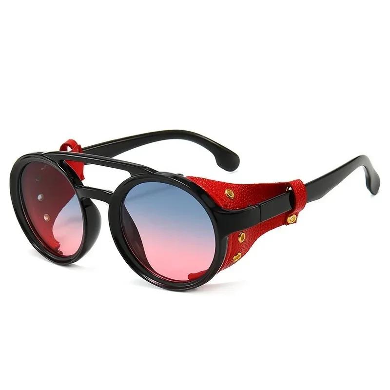 Vintage Retro Sunglasses with Side Leather Round Eyewears for Mens Womens Cyber Punk Glasses UV400