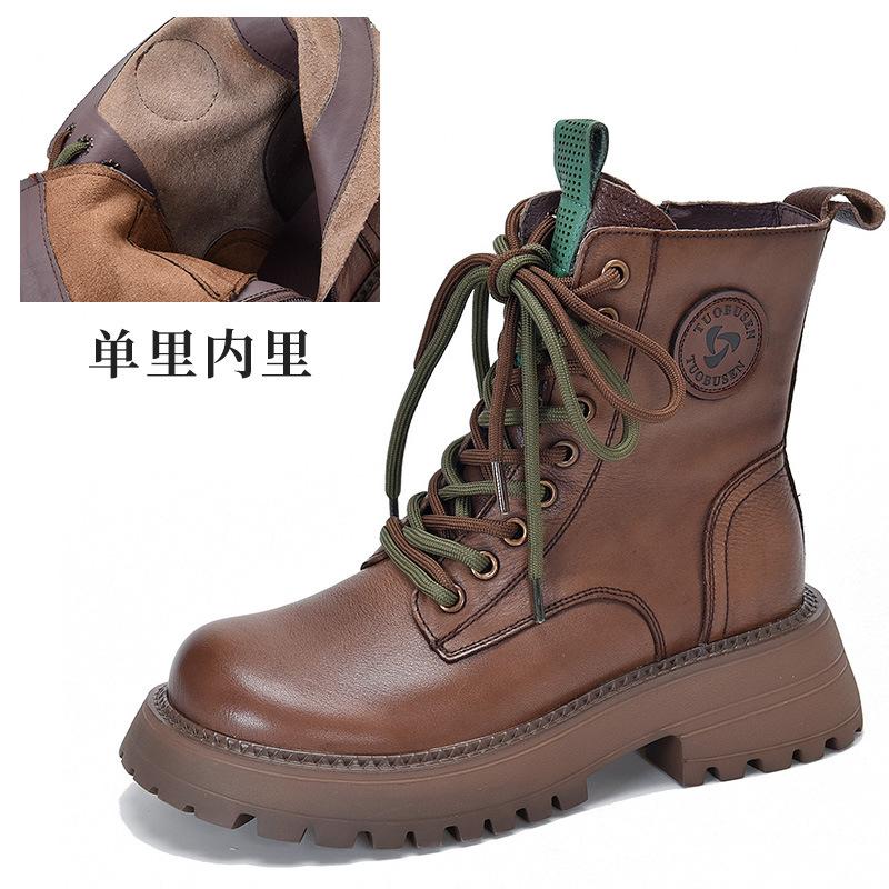 First-layer cowhide British wind locomotive boots round head thick-soled versatile short boots women's autumn and winter high-top Martin boots women's
