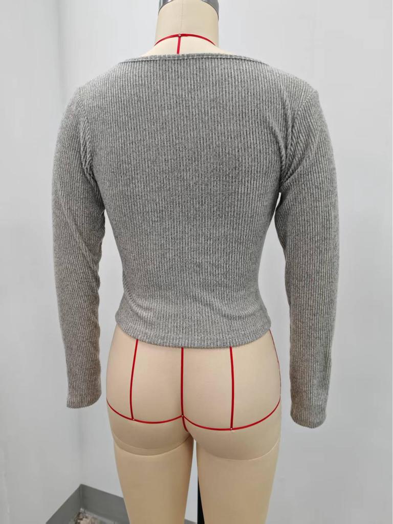 European & American Y2K Style Square Neck Long Sleeve Slim Fit Ribbed T-shirt