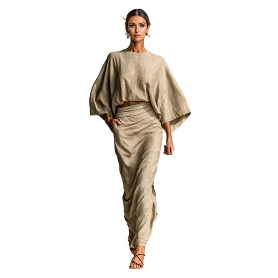 2 Piece Skirt Sets for Women Batwing Long Sleeve Top And High L абрикосовый