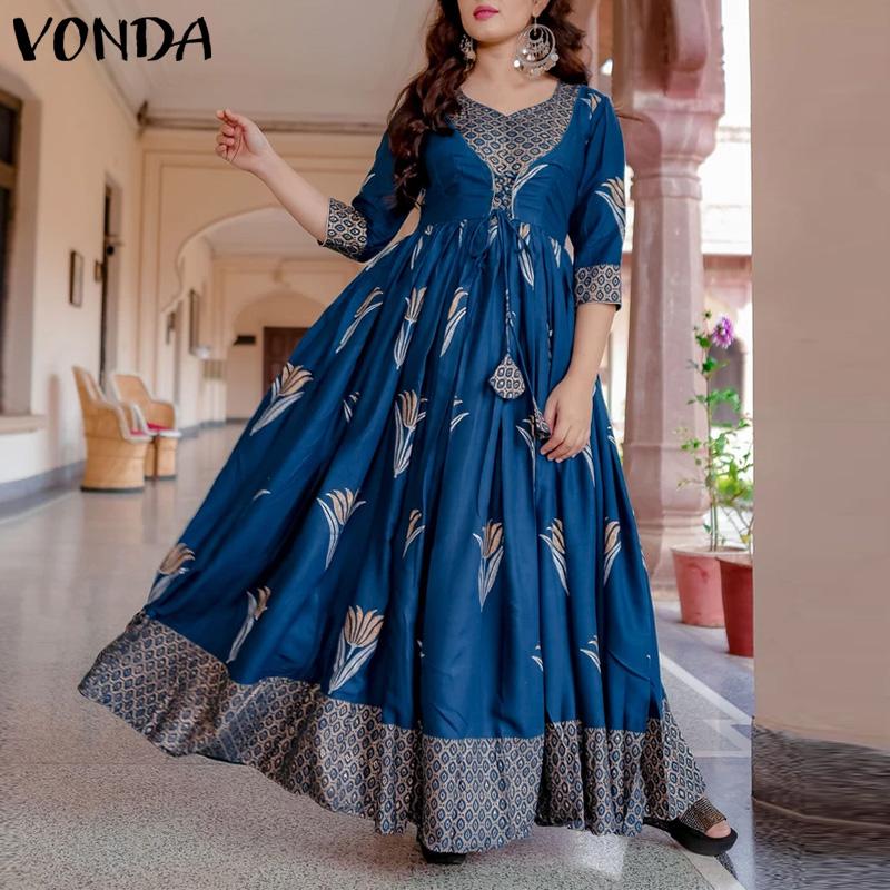 VONDA Primavera Donna Fashion Party Stampa floreale Abiti lunghi Tunica  Plissettata V Collo Mezza Manica Swing Vacanza Loose Maxi Abito Plus Size  Vestidos acquista in modo economico — spedizione gratuita, recensioni reali