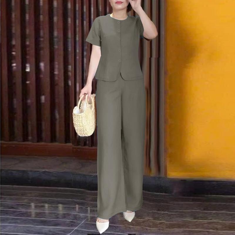 

ZANZEA Жіночий літній костюм з двох частин, блузка з коротким рукавом та штани S