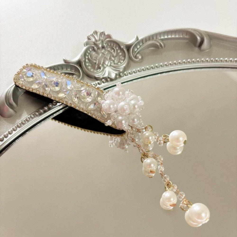 Exquisite Pearl Tassel Hair Clip Crystal Chinese Style Side Bangs Clip Women's Headdress for Special Occasions