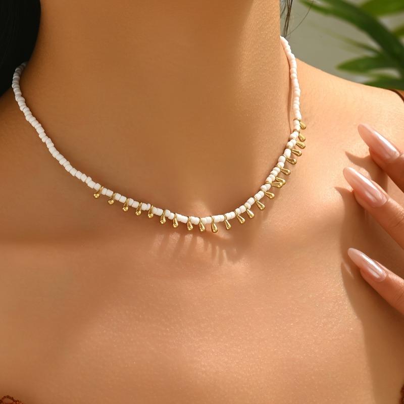 Simple Bohemian Style Water Drop Beaded Choker Clavicle Necklace for Women, Suitable for Daily Wear