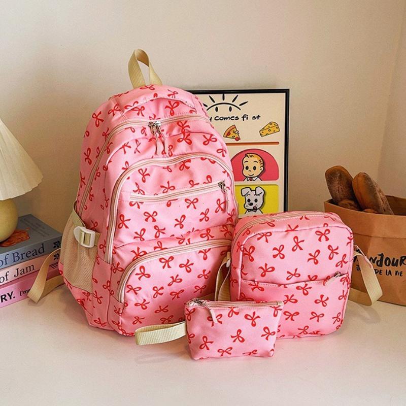 3 Pcs/Set Korean Fashion Bow Print Women Fashion Backpack Lightweight Simple Student School Bag Adjustable Strap Travel Backpack