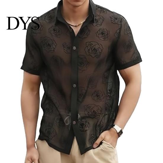 Men Casual Resort Wear Shirt Summer See-through Mesh Rose Pattern Turn-down Collar Short Style Floral Sleeves Single-breasted Mid Length Cardigan