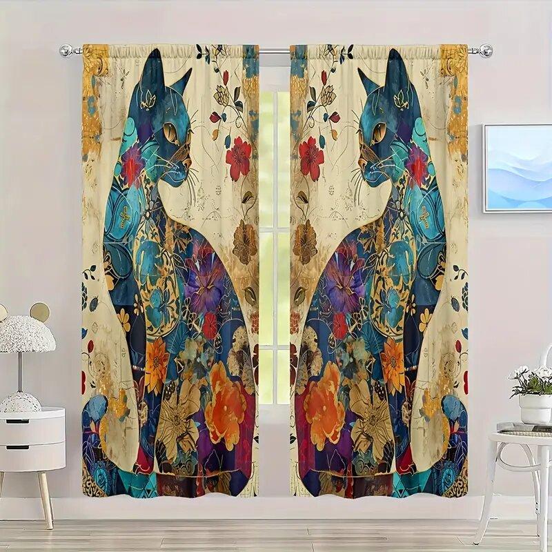 2 Pieces of Bright Artistic Cat and Floral Printed Curtains, Pole Bag Room Decoration, Home Decoration