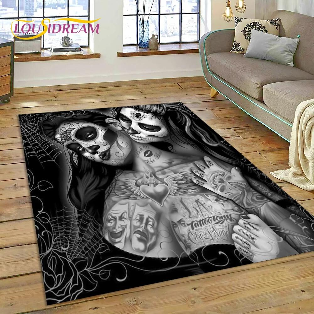 Skull Dead Girl 3D Gothic Horror Female Rose Rug Carpet for Living Room Bedroom Decor,Non-slip Decoration for Sofa Doormat Gift