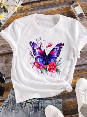 (Asian Size)  Short Sleeve T Shirt Butterfly Trend Lovely Casual Tee Top Fashion Women Clothing Printed O-neck Ladies Female Graphic T-shirts