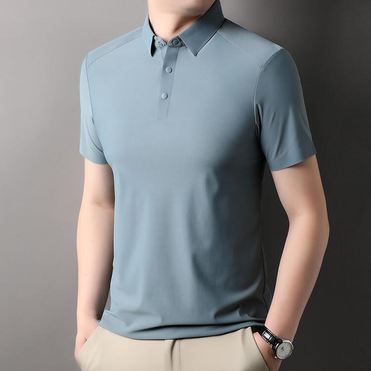 Mulberry Silk Short-sleeved T-shirt for Men, Solid Color Business Polo Shirt, No-iron Laminated Ice Silk, Traceless Ice Silk Lapel T-shirt for Men