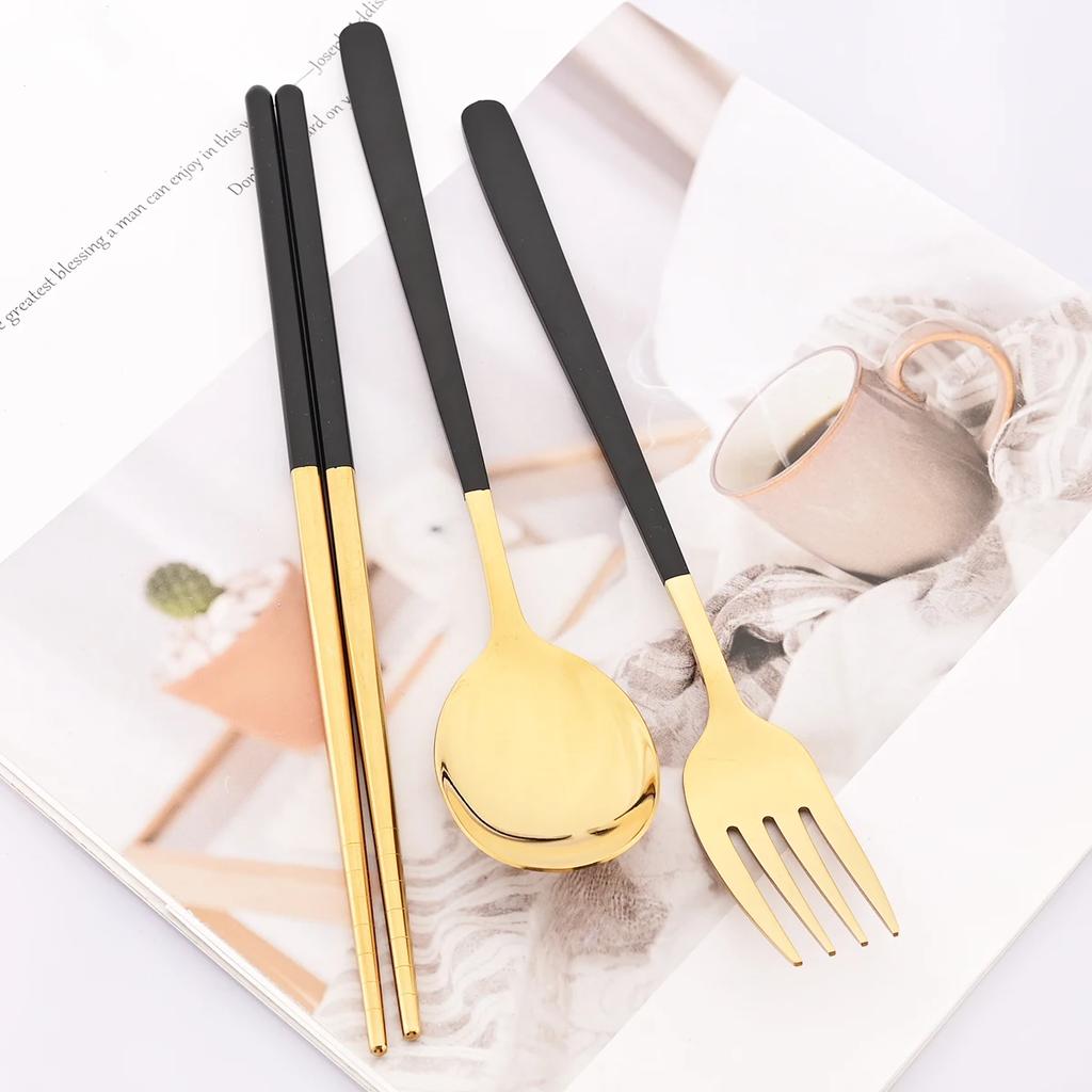 8pcs Gold Stainless Steel Cutlery Set Western Mirror Flatware Set Korean Style Spoon Chopsticks Dinnerware Set Kitchen Tableware