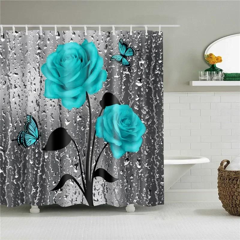 Lotus Buddha Rose Flower Green Leaves Lavender Butterfly Bathroom Accessories Set Shower Curtain with 12 Hooks