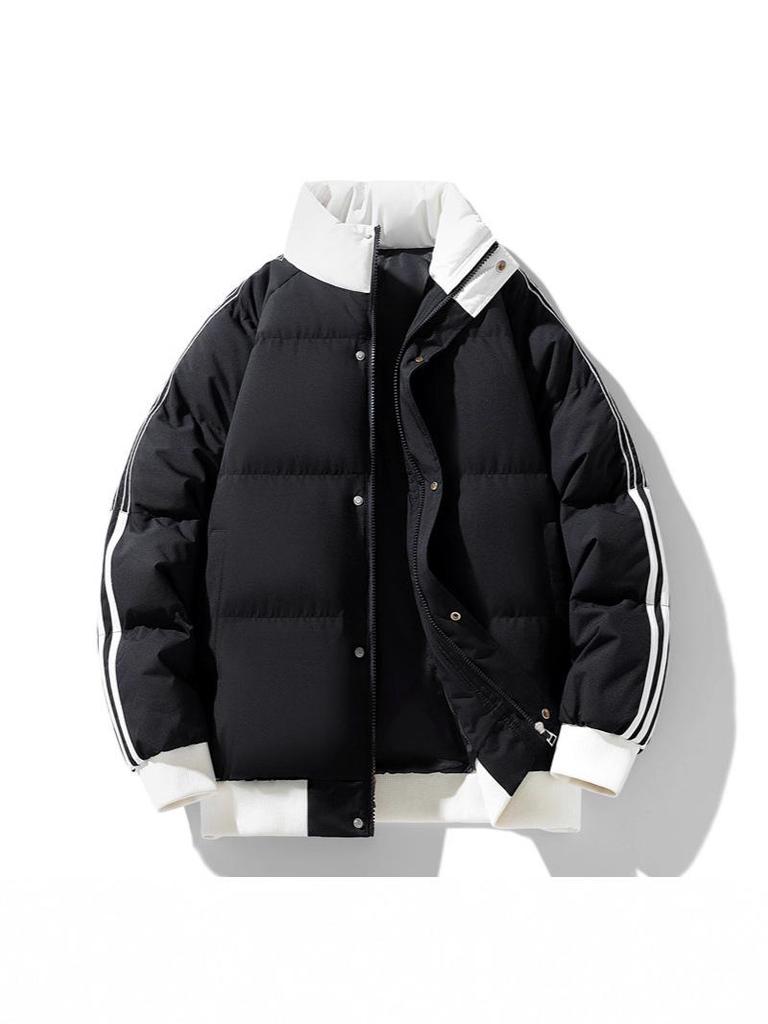 Men's Winter Color Block Stand Collar Jacket: Thick, Warm, Trendy, Versatile, and Casual Striped Outerwear for Couples