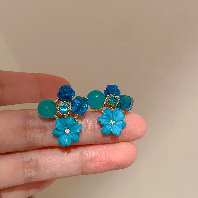 Silver Needle Butterfly Heart Earrings with Blue Gradient Drip - Elegant Autumn/Winter Studs