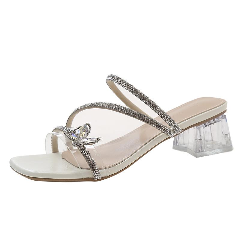 Beautiful thick heel slippers summer wear 2025 new fashion bow rhinestones with skirt women's sandals