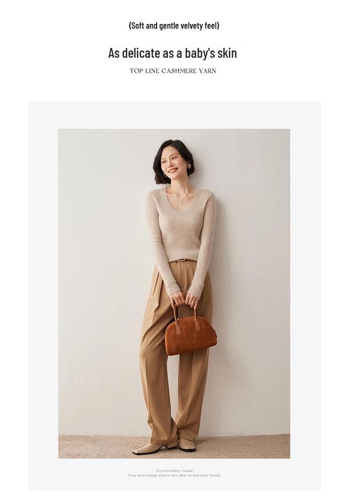 Women's U-neck Slim Fit Cashmere Sweater - Ribbed, Solid Color, Elegant & Versatile Wool Base Layer.