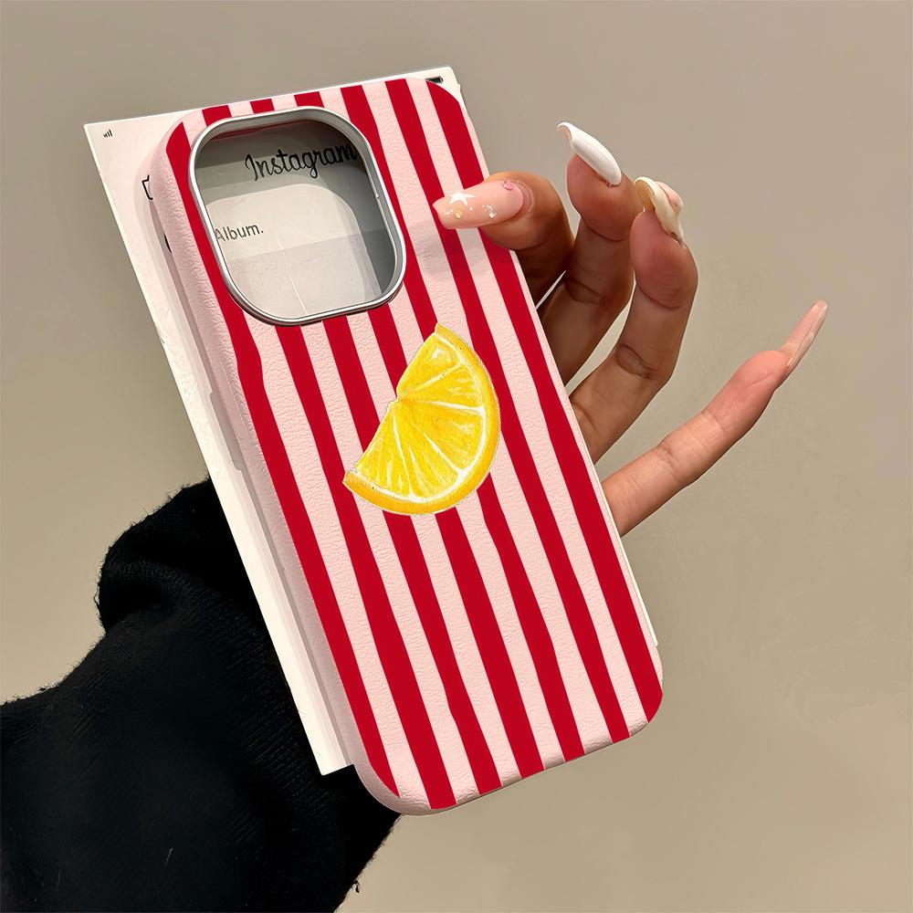 Luxury Red lemon Stripe Phone Case For Samsung Galaxy A16 A35 A54 A55 5G S26 S22 S23 FE S24 Plus S25 Ultra Leather Texture Funda