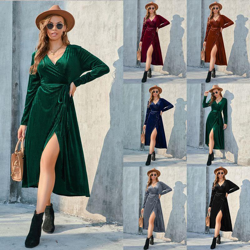 

2023 Big Size Women s Split Stripe Gold Velvet Dress Dress Caramel color XXXL