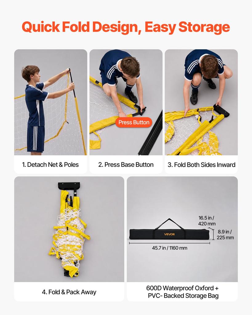 VEVOR Soccer Goal 3.6 X 1.8 M Soccer Net for Backyard Collapsible Base Yellow, Portable & Quick Setup, with Metal Base, Carry Bag, Ground Stakes