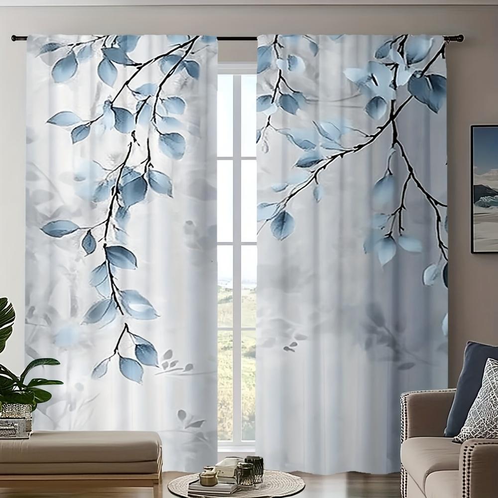 2pc Fresh Blue Leaf Print Curtains   Polyester Fabric   Machine Washable   Suitable for Bedroom and Living Room Decoration