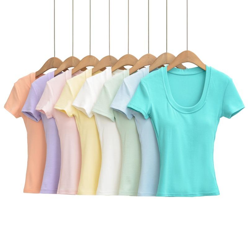 Spice girl u-neck short-sleeved t-shirt women's short with chest pad summer waist tight sexy t-shirt high waist bottoming shirt top