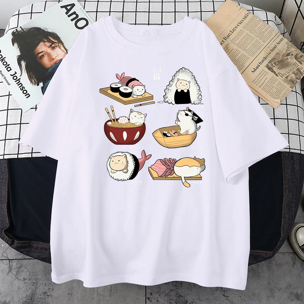 Food Cute Cat Sushi Cartoon Style Men 100% Cotton Short Sleeve Harajuku Casual Printed T-shirt Fashion Men's T-shirt Clothing