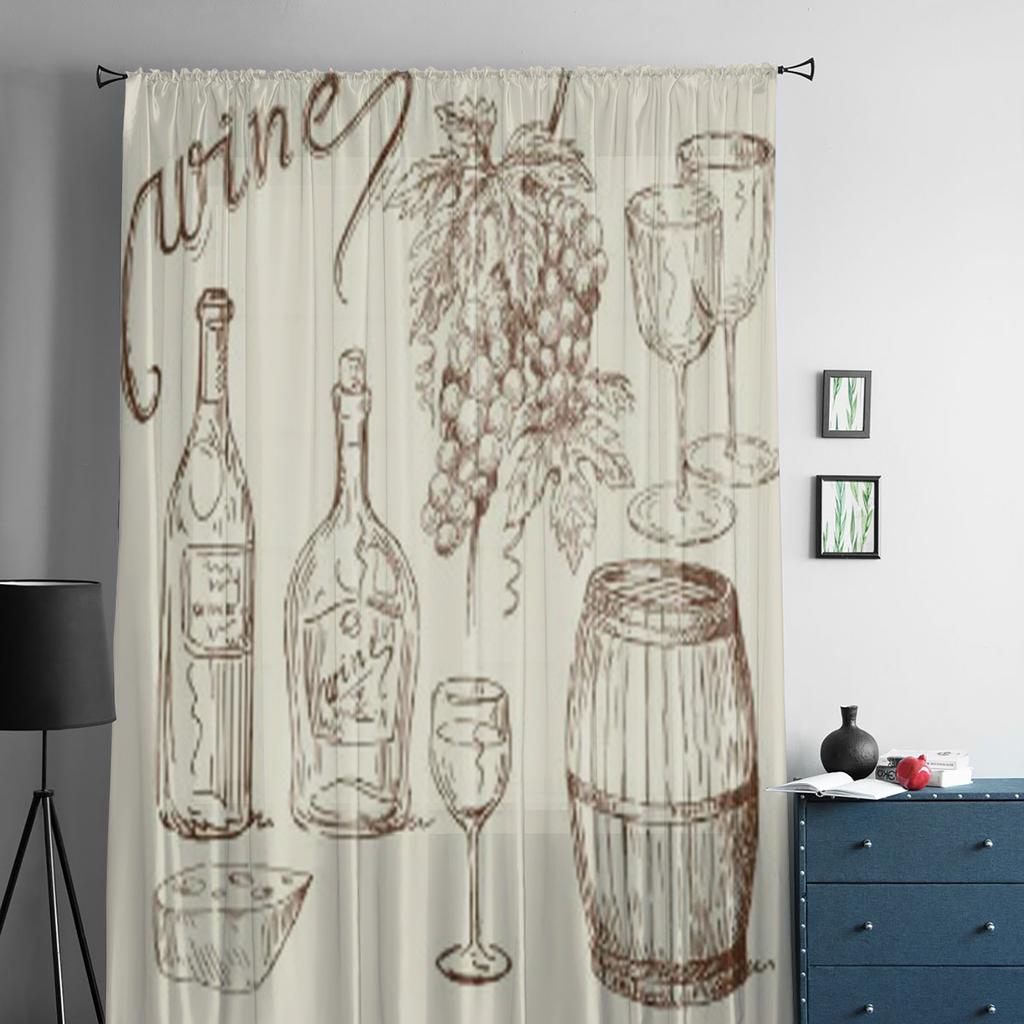 Cortinas transparentes com rabiscos de vinho para sala de estar, tratamentos de janela de tule transparente, quarto, cozinha, decoração de casa, cortinas de véu