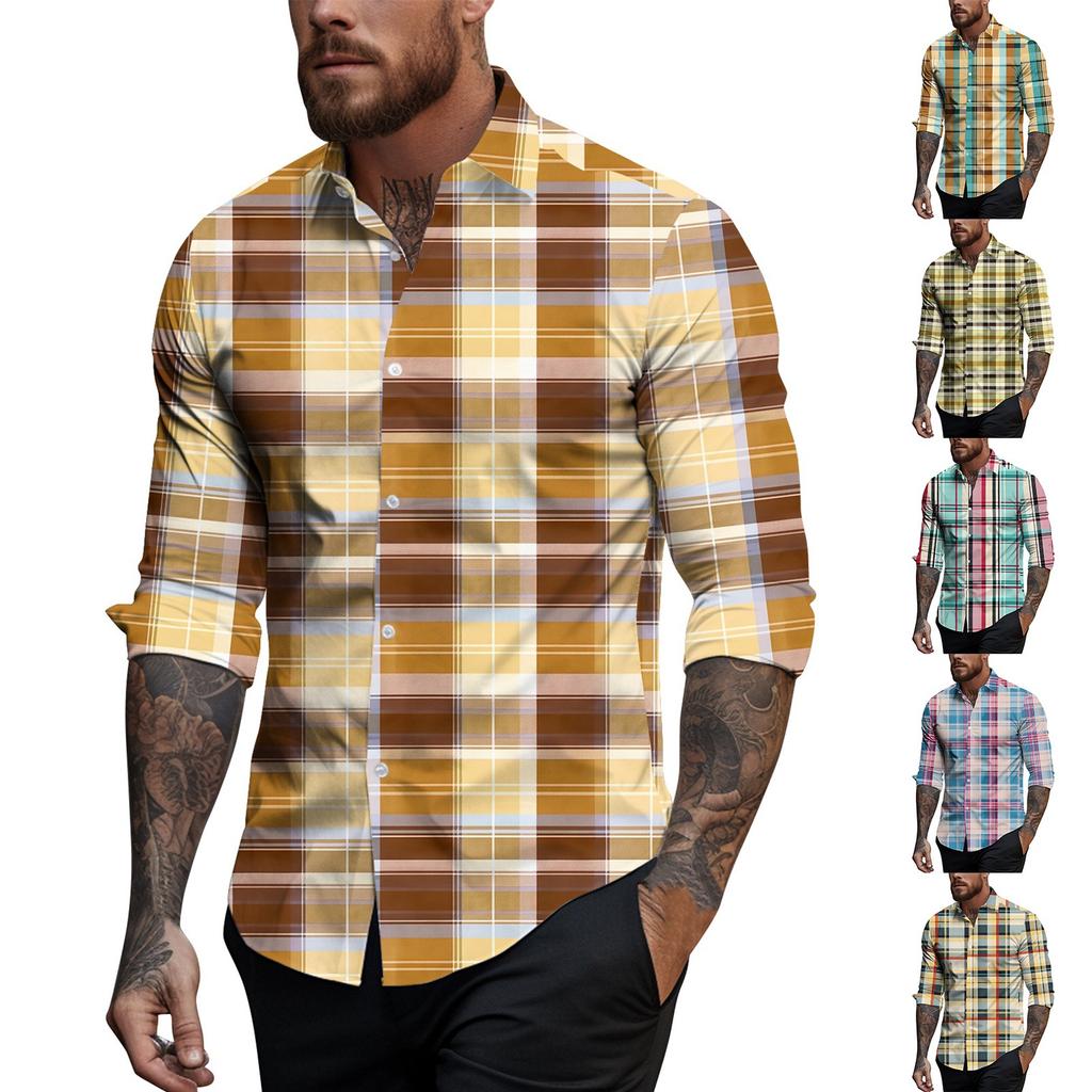 Men's Spring Summer Casual Plaid Print Lapel Long Sleeve Men's Shirt Men's Top