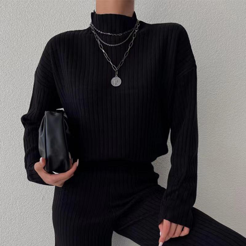 

Fashion Fashionable Knitted Half-High Collar Long Sleeves Tops Pants Suit Knitted Top and Pants Set Black All yards